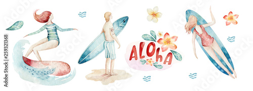 Photography Watercolor style set of surf man and woman surfers silhouettes with wave