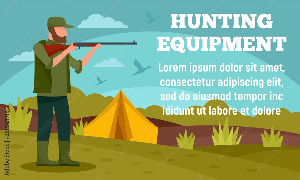 Fototapeta premium Camp hunter equipment concept banner. Flat illustration of camp hunter equipment vector concept banner for web design
