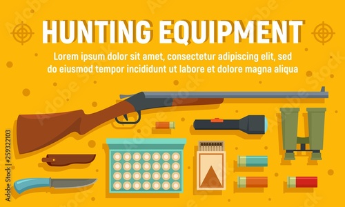 Modern hunter equipment concept banner. Flat illustration of modern hunter equipment vector concept banner for web design