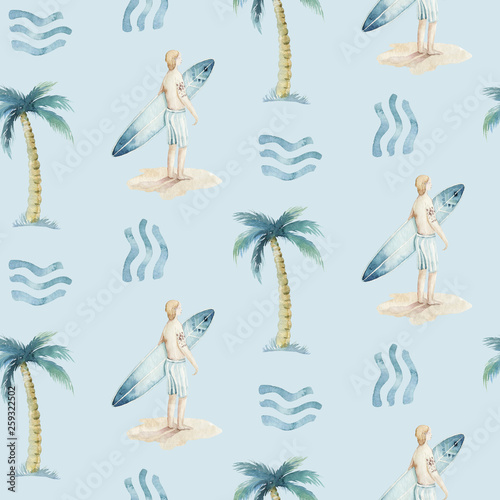 Photography Watercolor style seamless surfing pattern of surf man and woman surfers silhouettes with surfboard wave background