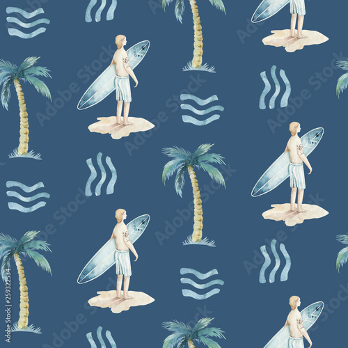 Photography Watercolor style seamless surfing pattern of surf man and woman surfers silhouettes with surfboard wave background