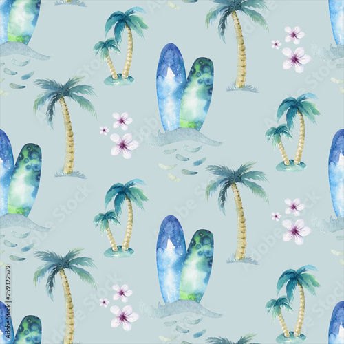 Canvas Print Watercolor style seamless surfing pattern of surf man and woman surfers silhouettes with surfboard wave background