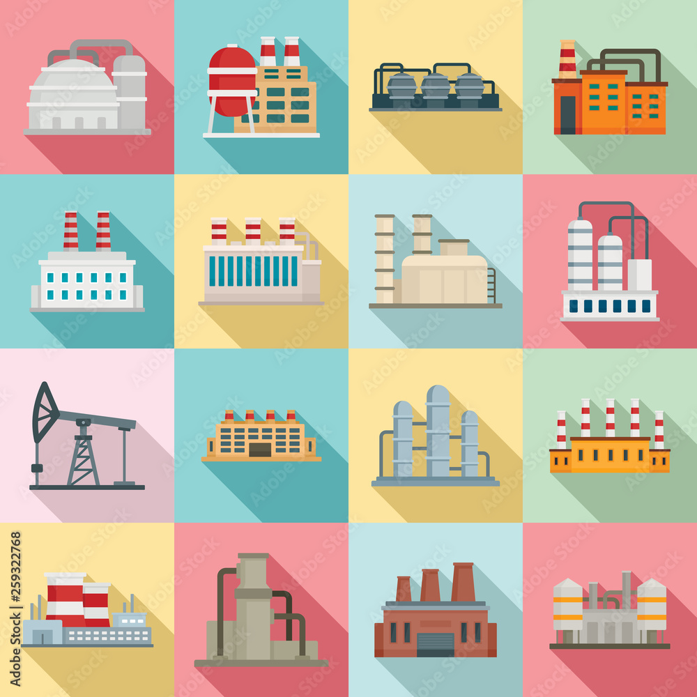 Refinery plant icons set. Flat set of refinery plant vector icons for web design