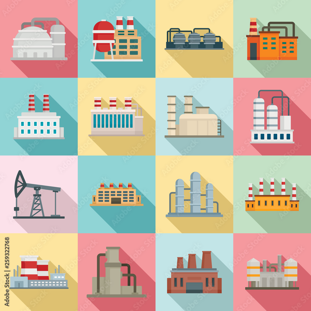 Obraz premium Refinery plant icons set. Flat set of refinery plant vector icons for web design