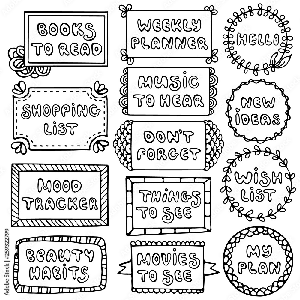 Bullet journal hand drawn vector elements for notebook, diary and planner. Bullet journal hand drawn vector elements for notebook, diary and planner.