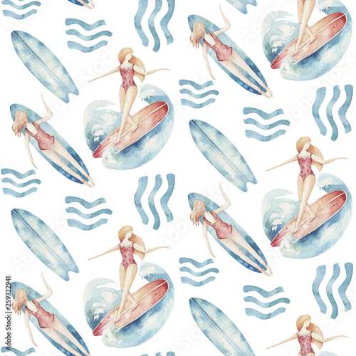 Watercolor style seamless surfing pattern of surf man and woman surfers silhouettes with surfboard wave background. Ocean surfing summer design