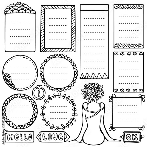 Set of black doodle frames for bullet journal, notebook, diary and planner isolated on white background.