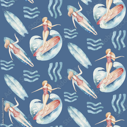 Photography Watercolor style seamless surfing pattern of surf man and woman surfers silhouettes with surfboard wave background