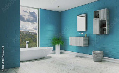 View of a large bath  in blue and light floor. Modern design.. 3D rendering