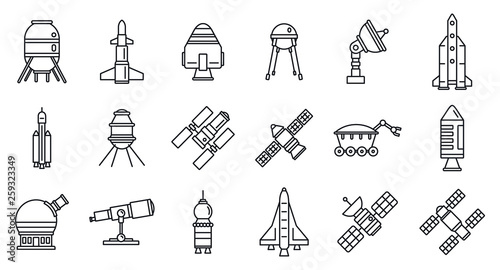 Planet space research technology icons set. Outline set of planet space research technology vector icons for web design isolated on white background photo