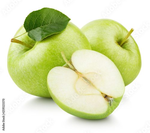 Group of ripe green apple fruits with apple half without seeds and green leaf isolated on white background with clipping path. Full depth of field.