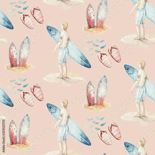 Photography Watercolor style seamless surfing pattern of surf man and woman surfers silhouettes with surfboard wave background