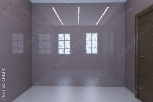 Empty interior of purple bathroom with glossy walls. Brown door.. 3D rendering