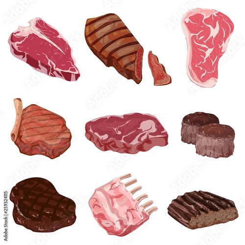 Steak icons set. Cartoon set of steak vector icons for web design