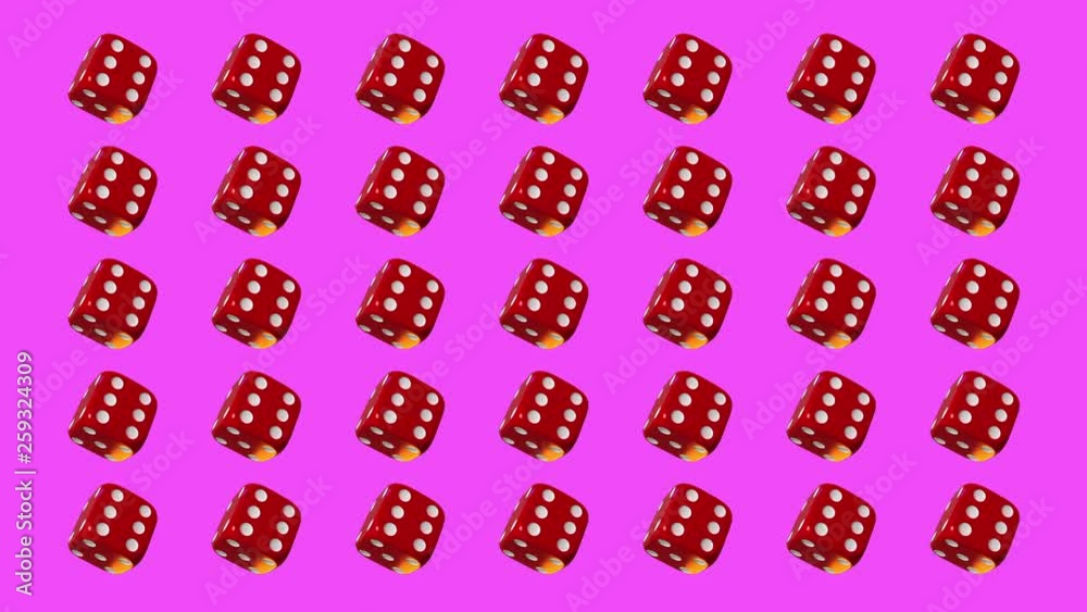 35 red playing dice, rotating on pink background. 35 red playing dice, rotating on pink background.
