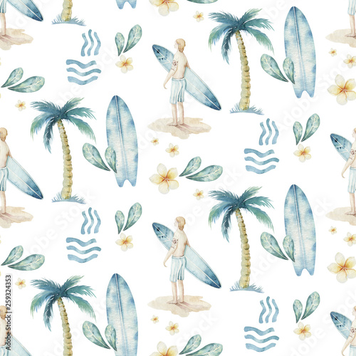 Photography Watercolor style seamless surfing pattern of surf man and woman surfers silhouettes with surfboard wave background