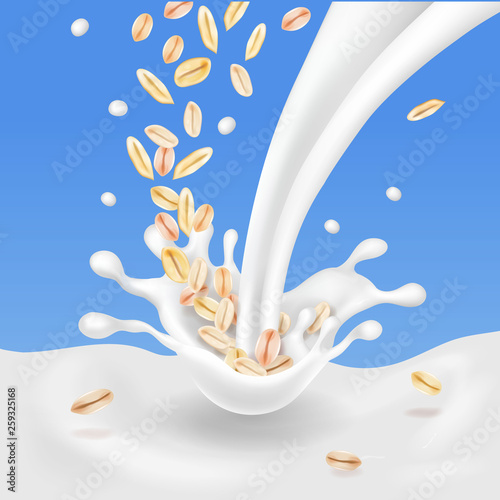 Oats flakes falling in milk splash. 3d realistic vector icon set