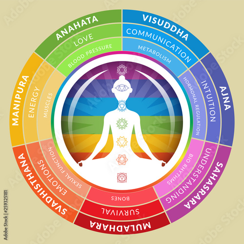 Yoga chakras infographics with meditating girl inside circuit isolated on light background