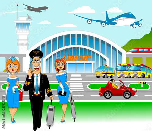 pilot and flight attendants at the airport