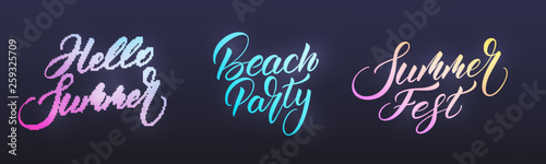 Summer labels. Modern Summer calligraphy with trendy vibrant neon glowing colors. Vector labels for party, festival, camp, sale etc.