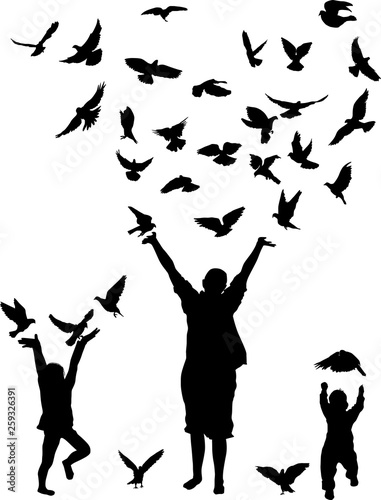  girls and large grop of doves silhouettes isolated on white