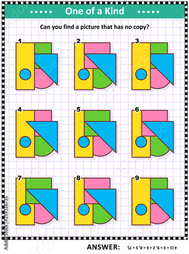 IQ training educational math puzzle for kids and adults with basic shapes - triangle, rectangle, circle, square - overlays and colors: Can you find the picture that has no copy? Answer included.