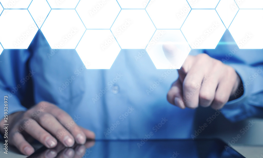 Man hand touching blank hexagon. Business and Technology