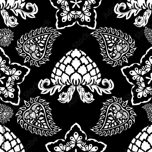 motif black and white paisley vector  seamless pattern floral background in Indian style