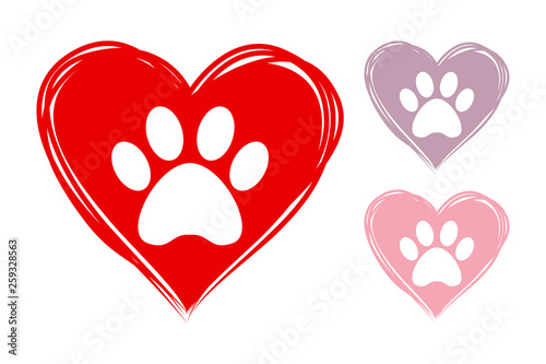 Set of three hearts in red, violet and pink colors. hand drawn hearts with animal paw prints inside. Vector hearts ready for web and print. Dog footmark logo.