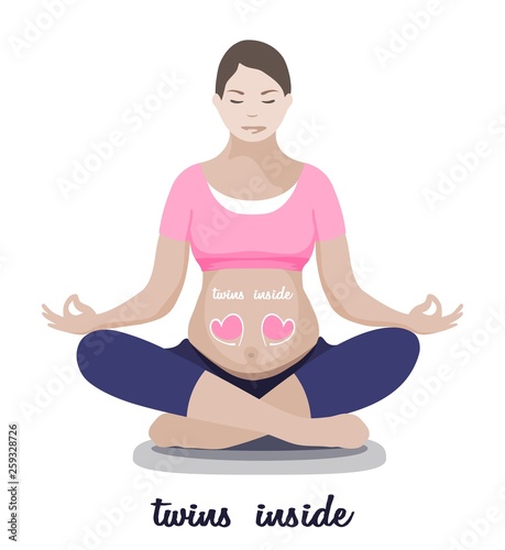 Expecting mother in yoga lotus pose in multiple pregnancy isolated on white background