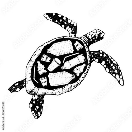 Ocean pollution vector illustration. Rubbish in a turtle Ecological poster. Hand drawn plastic garbage: Bottle, Package, Contamination, disposable dish, straw. Keep the sea, plastic free concept.