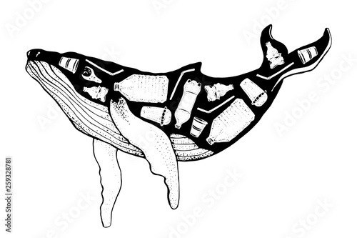 Ocean pollution vector illustration. Rubbish in a whale Ecological poster. Hand drawn plastic garbage: Bottle, Package, Contamination, disposable dish, straw. Keep the sea, plastic free concept.