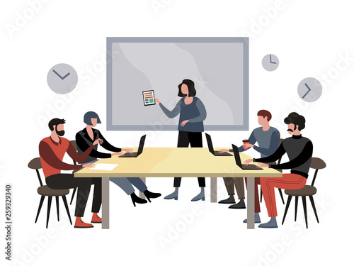 Briefing meeting in company vector illustration. Flat style