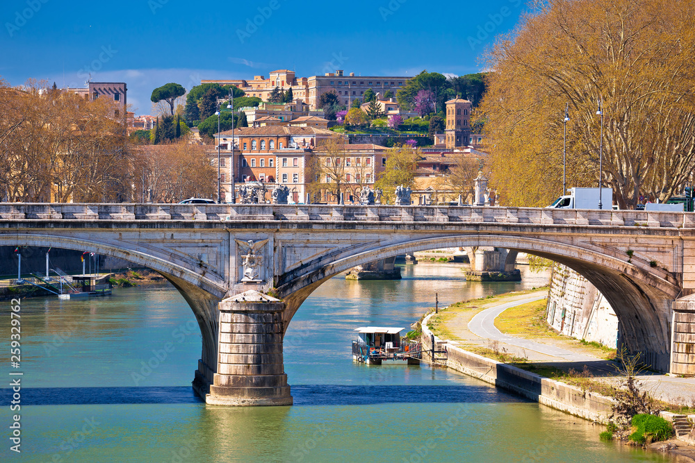 Rome riverfront and Tiber river bridges