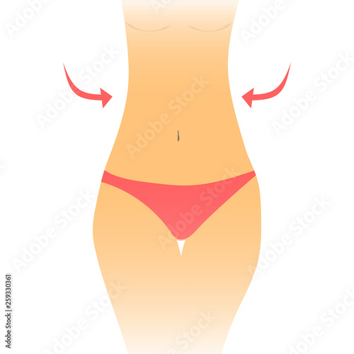 Slim waist, thin waist, flat belly, slimming, beautiful female body, weight loss, contrast waist and hips, beautiful body. Vector illustration
