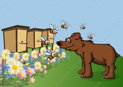 The bear came for honey. Bees fly around with displeasure.