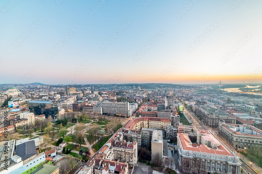 Belgrade, Serbia March 31, 2019: Panorama of Belgrade. The photo shows Buildings of the Government of Serbia, General Staff Building, Nemanja street and Manjez Park.