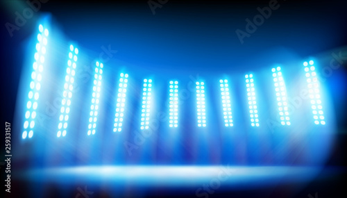 Illuminated stage on the stadium. Blue background. Vector illustration.