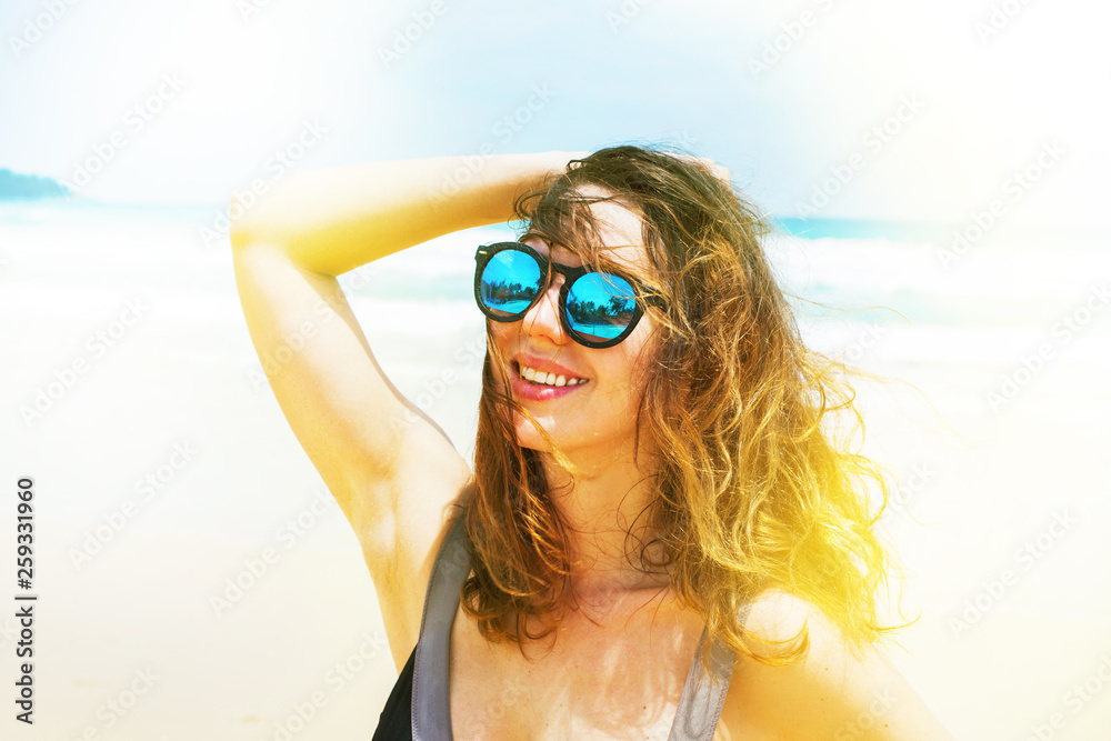 Portrait young girl sunglasses seashore sun sea Portrait young girl sunglasses seashore sun sea