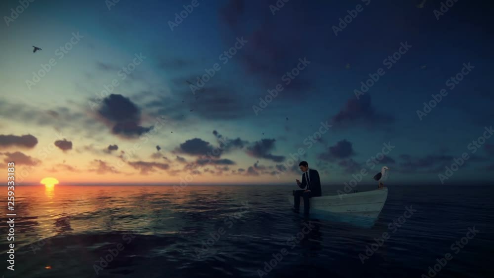 Businessman surrounded by seagulls, sitting on a boat in the middle of the ocean against timelapse sunrise Businessman surrounded by seagulls, sitting on a boat in the middle of the ocean against timelapse sunrise