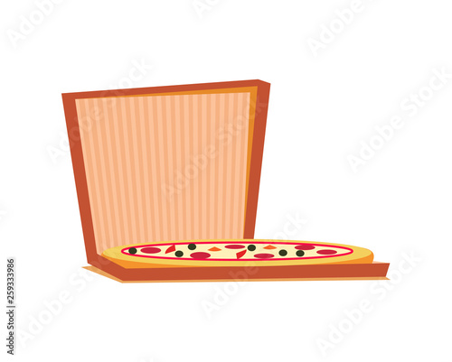 Pizza in paper disposable box, round baked dough with salami, cheese and tomatoes. Fast rustic cooking dish with meat, vegetables and mozzarella vector