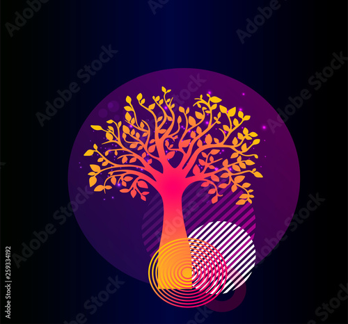 Stylish poster - the tree of life with geometry and glitter. Neon vector print.