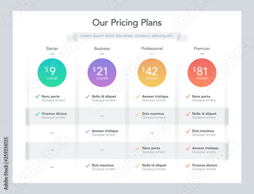 Modern pricing table with four subscription plans and place for description. Flat infographic design template for website or presentation.