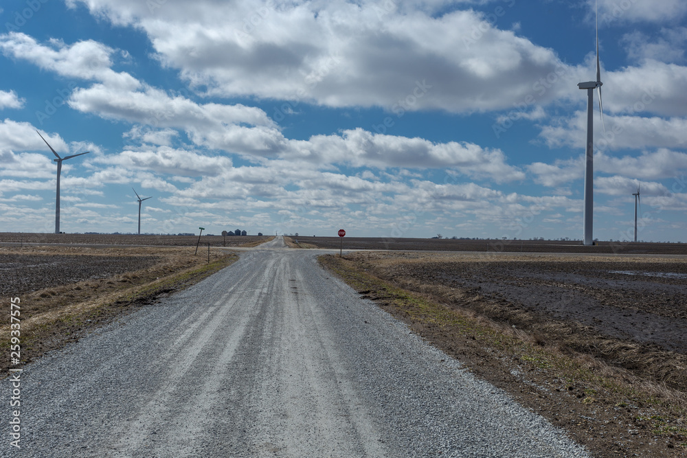 Long dirt country road leading to open skies in midwestern farm country