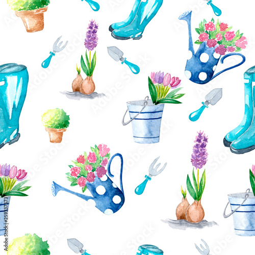 Pattern with isolated watercolor garden tools, plants and flowers. Flower pot, bike, rubber breeches, watering can with flowers, bucket, flowerpots, ladybug.