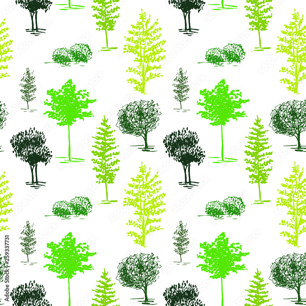 Fototapeta premium Trees sketch background. Seamless vector pattern. Hand painted green trees on a transparent background