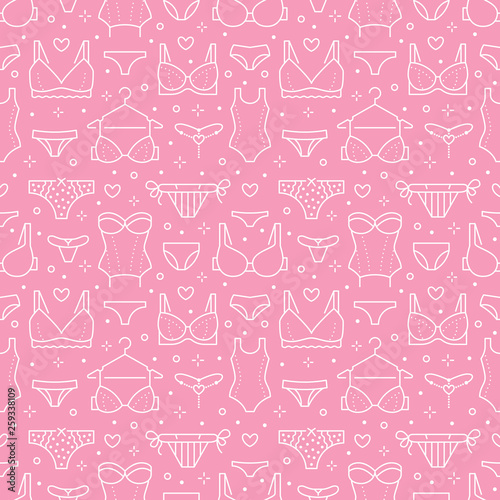 Lingerie seamless pattern with flat line icons of bra types, panties. Woman underwear background, vector illustrations of brassiere, bikini, swimwear. Cute pink white wallpaper for clothes store