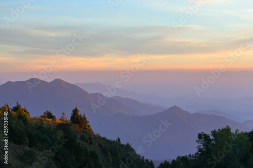 landscape mountain forest in the mist with sunset sky in mystic nature © sutichak