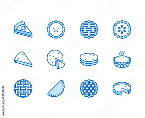 Pie flat line icons set. Ossetian, cherry, apple, pumpkin pies, casserole, pita vector illustrations. Thin signs for bakery. Pixel perfect 64x64. Editable Strokes