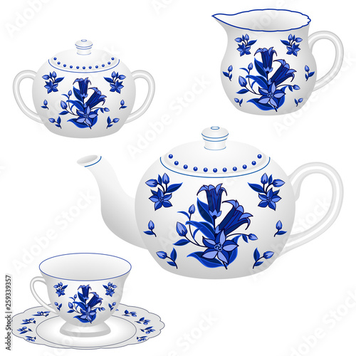 Tea party set in traditional Russian Gzhel style